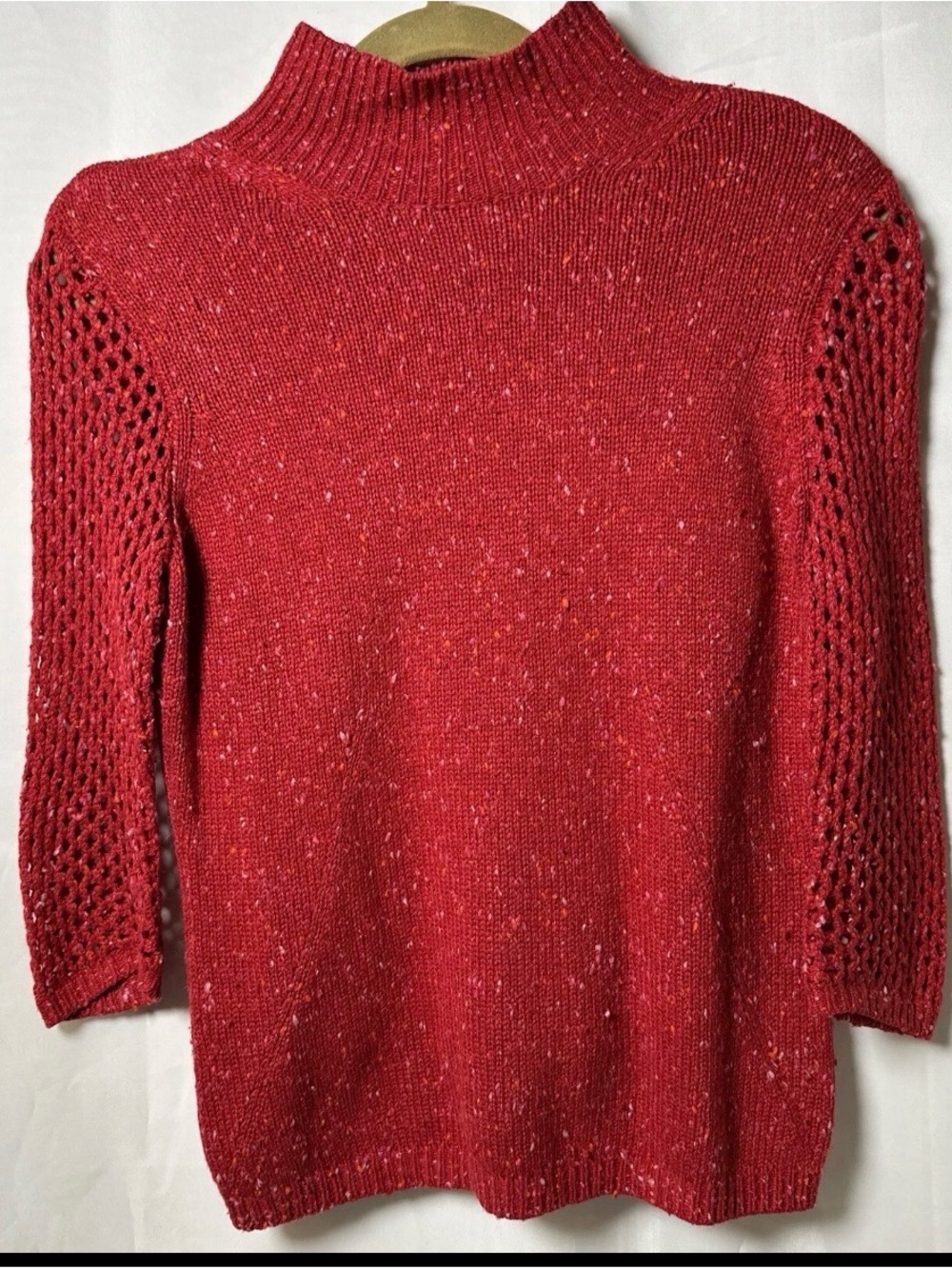 Vintage Carlisle Red Mock-Neck Sweater with Open-Knit 3/4 Sleeves Petite Small